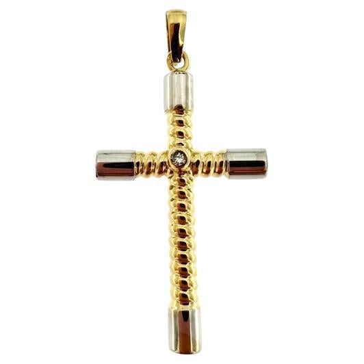 Modern Latin Cross with Zircon 18 Karat Yellow and White Gold For Sale