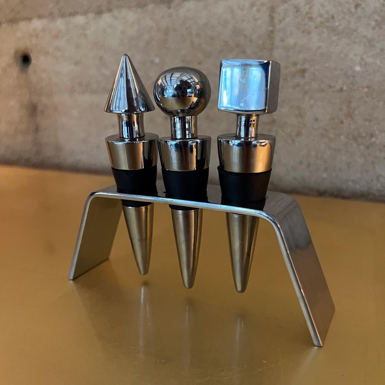 Indian Modern Lauffer Geometric Set of Three Chrome Bottle Stoppers For Sale
