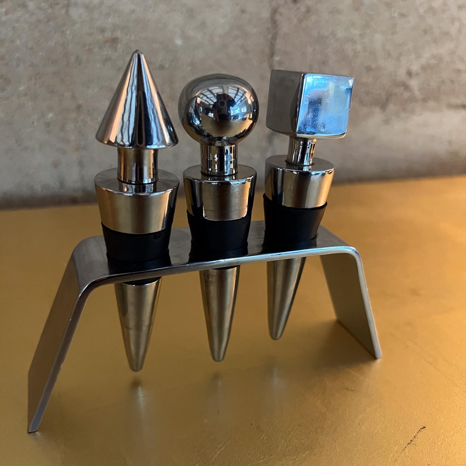 Modern Lauffer Geometric Set of Three Chrome Bottle Stoppers In Good Condition For Sale In Chula Vista, CA