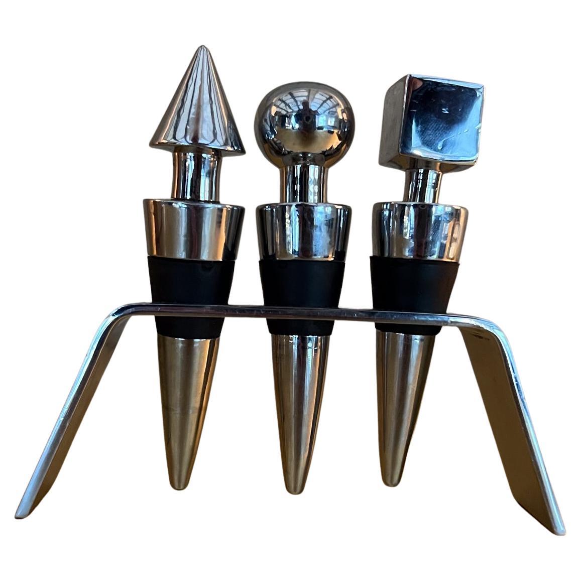 Modern Lauffer Geometric Set of Three Chrome Bottle Stoppers For Sale