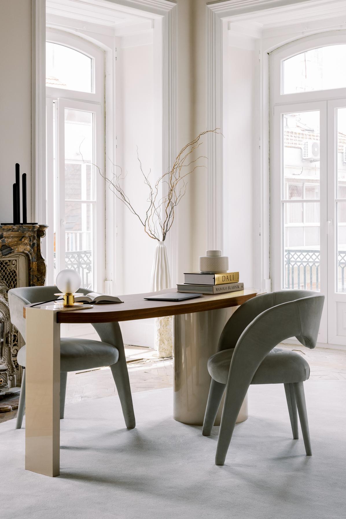 Linen Modern Laurence Dining Chair, DEDAR Beige Chenille, Handmade Portugal Greenapple For Sale