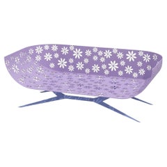 Modern Lavender and Blue Outdoor Two-Seater Sofa Curved Back with Floral Design
