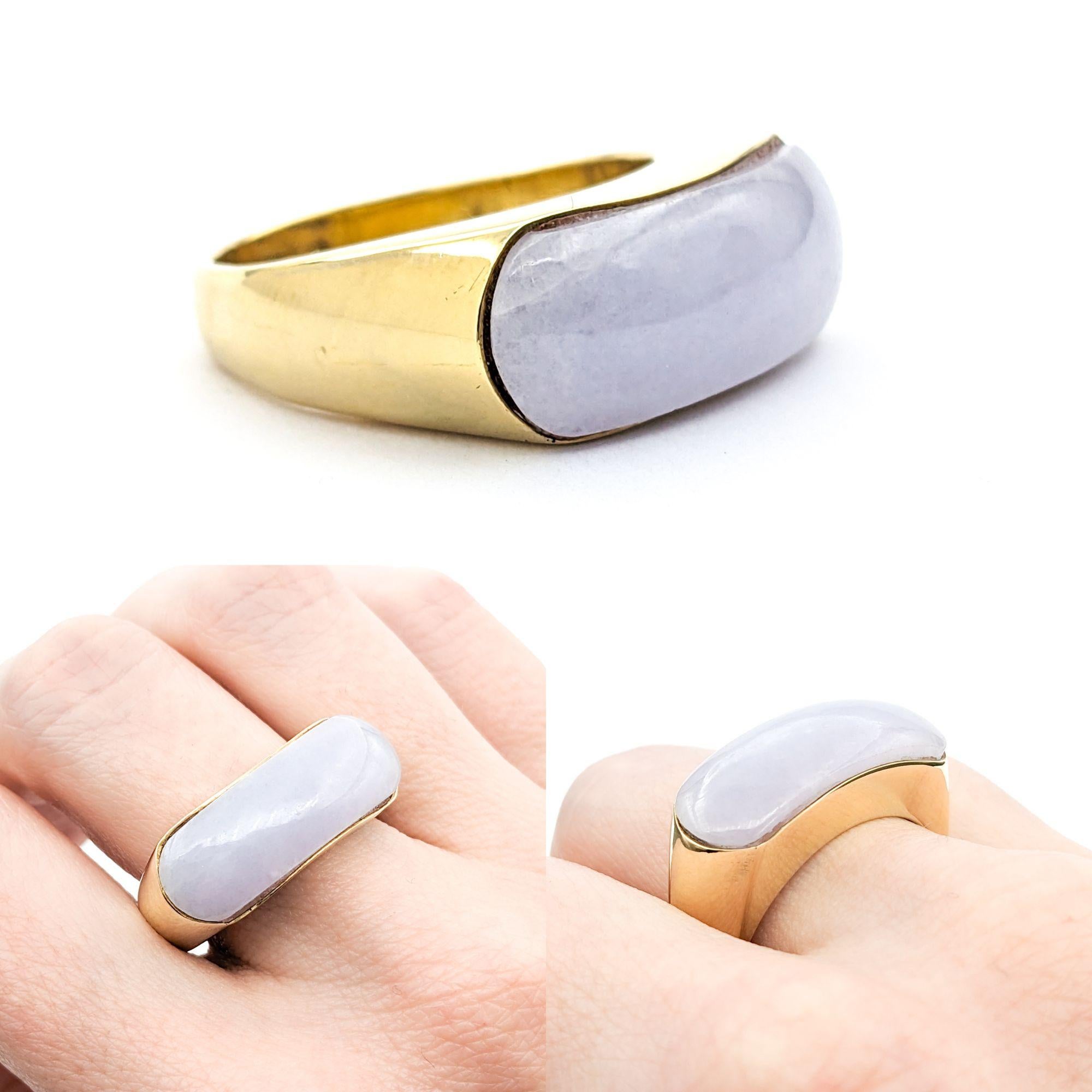 Modern Lavender Jade & 14K Gold Ring


This exquisite ring, elegantly crafted in 14kt yellow gold, showcases a striking 24 x 8.50mm cabochon Lavender Jade, imparting a serene and luxurious aura. Sized at 9 3/4 with the option for adjustment upon