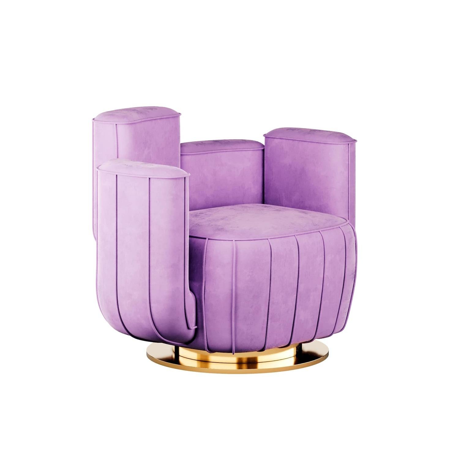 Modern lavender ilac velvet armchair cactus shape with gold plated swivel base

Ajui Lavendar / Lilac Armchair is a luxury armchair with an artsy interpretation of a cactus and a swivel base. It is upholstered in velvet with a structure and base