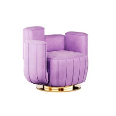 Modern Lavender Lilac Velvet Armchair Cactus Shape with Gold Plated Swivel Base