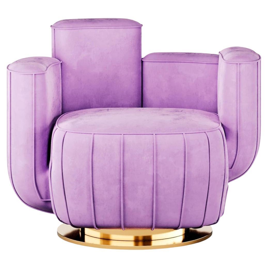 Modern Lavender Lilac Velvet Armchair Cactus Shape with Gold Plated Swivel Base For Sale