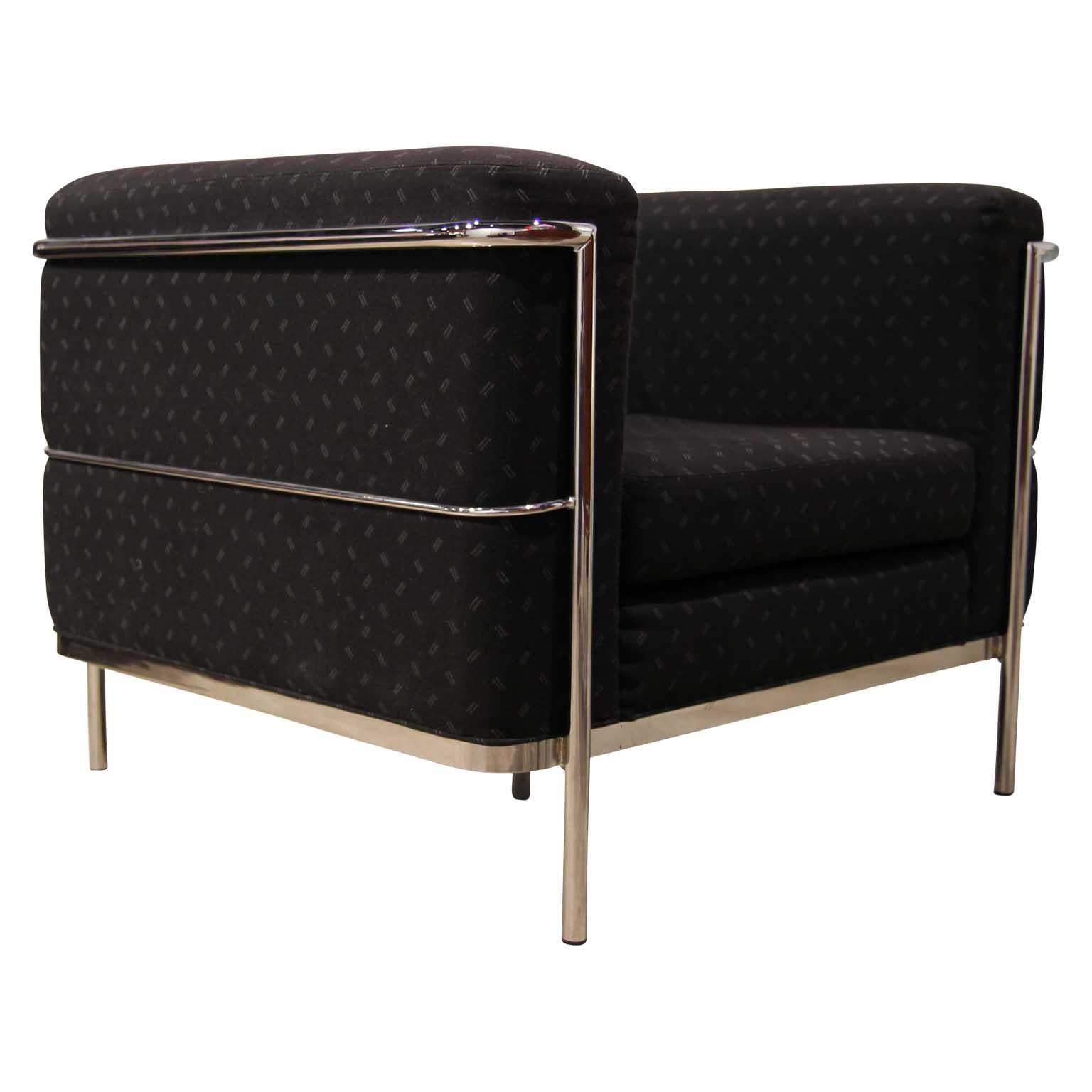 Unique LC3 Le Corbusier style armchair with black upholstered cushions and chrome framing. Designed after the LC3 
