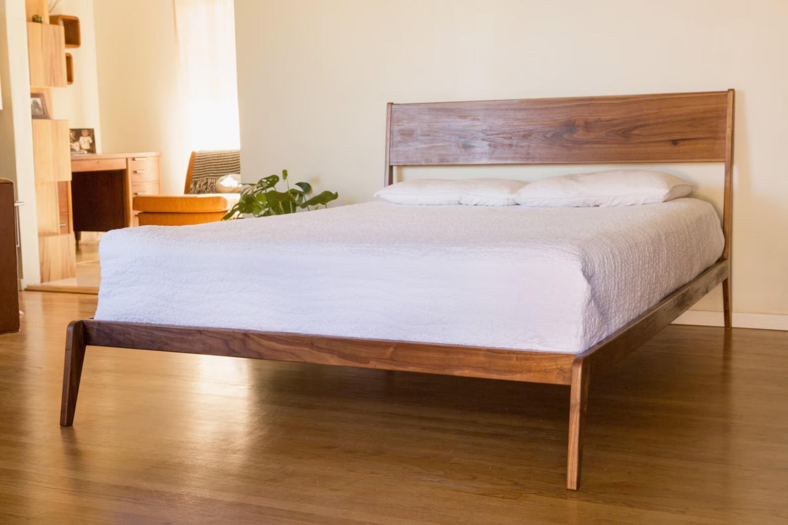 
The Lean bed features subtle curves that hearken to mid century modern design. The back legs are constructed with a bent lamination process that allows the grain of the wood to follow the curve of the leg, resulting in a splayed leg and a canted