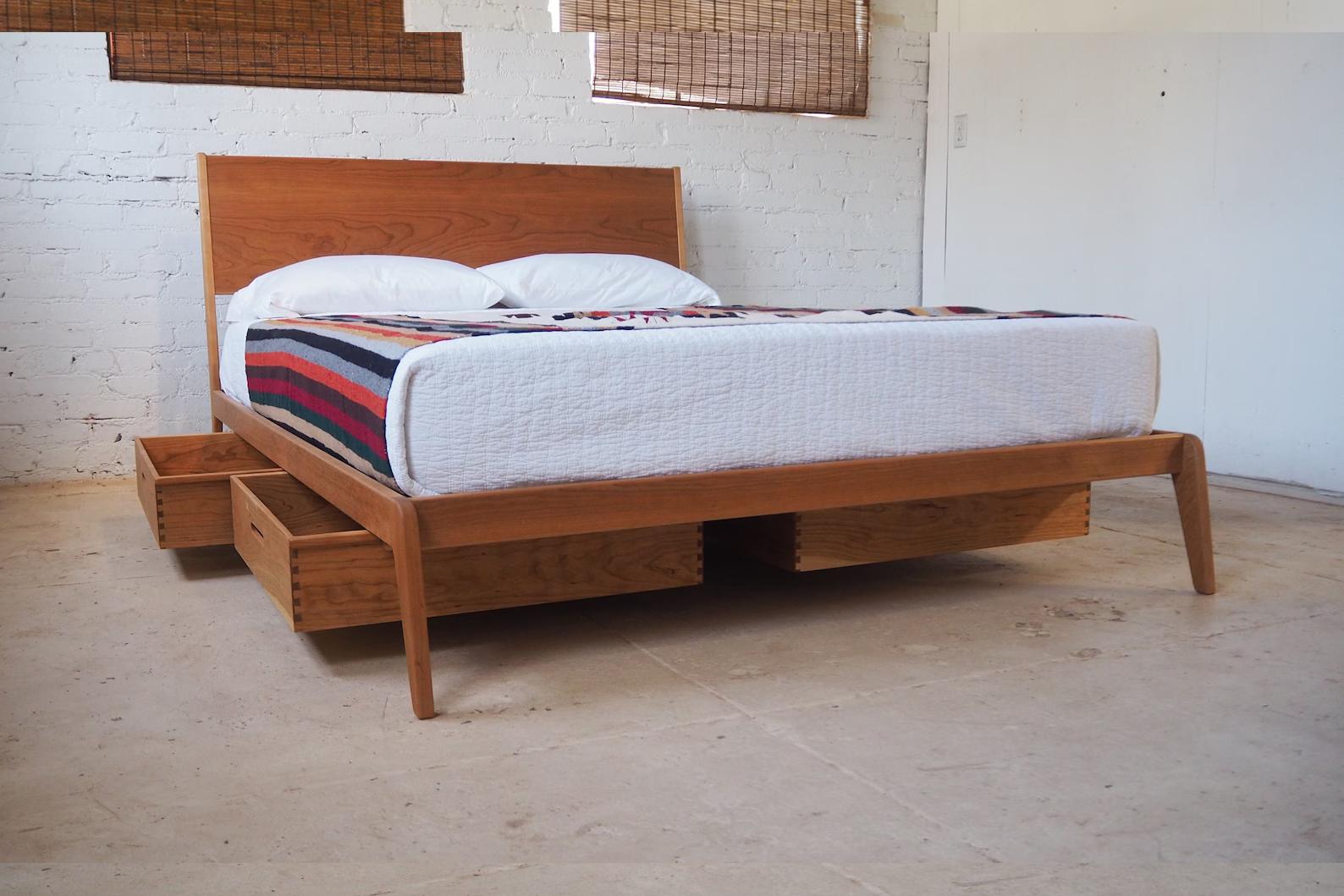 Mid-Century Modern Modern Lean Bed, Midcentury Walnut Minimalist King Queen Full Optional Storage For Sale