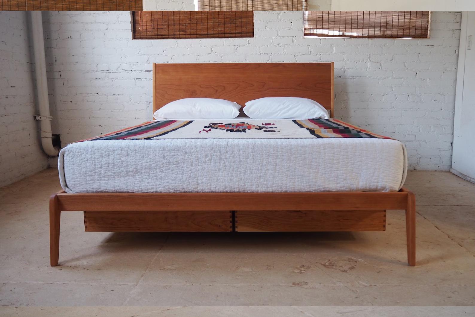 American Modern Lean Bed, Midcentury Walnut Minimalist King Queen Full Optional Storage For Sale