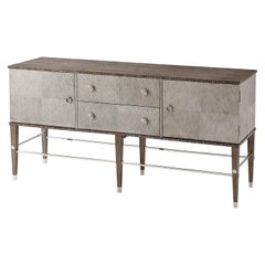 Modern Leather and Oak Console Cabinet