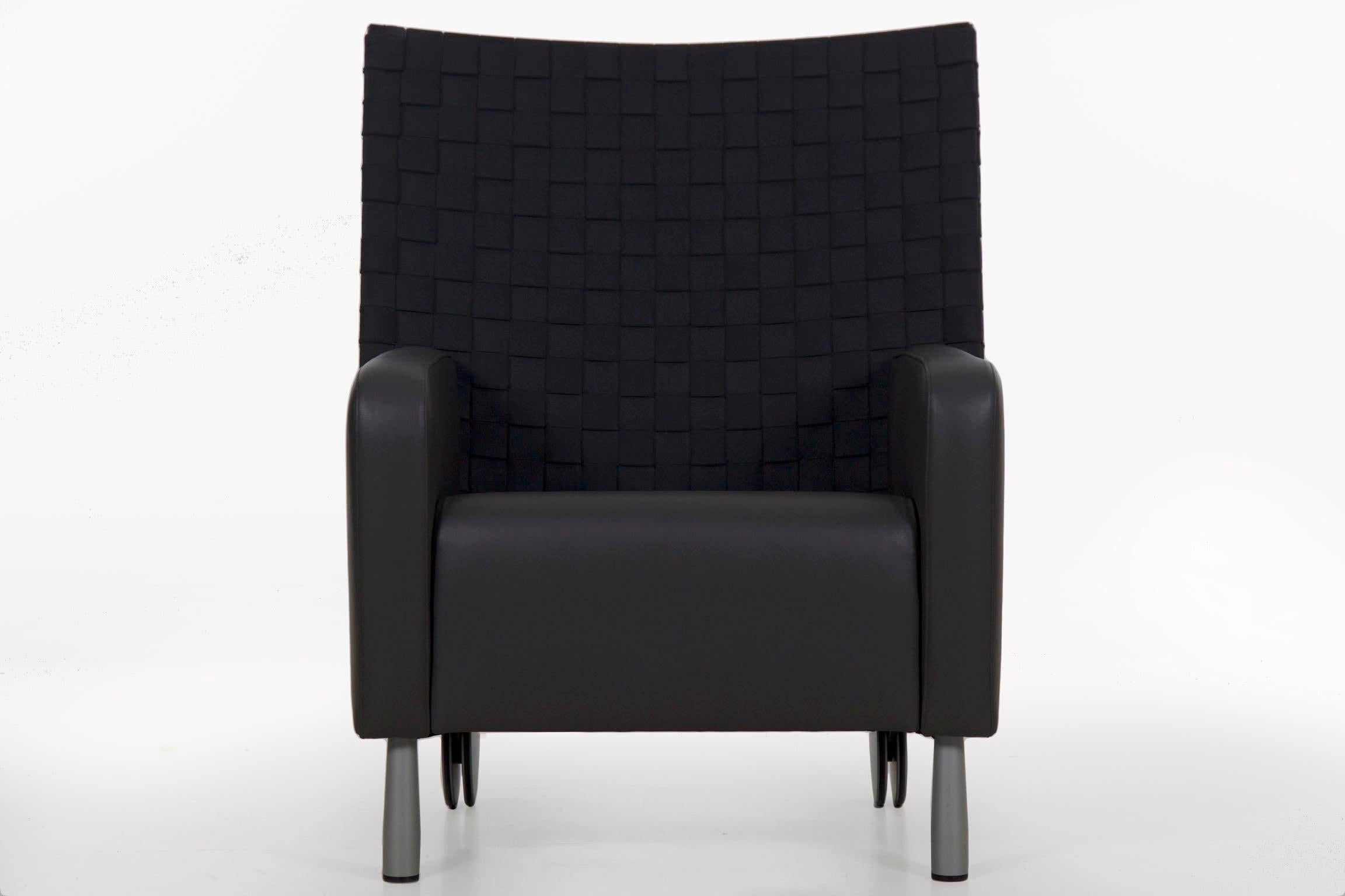 Unknown Modern Leather and Woven-Back Lounge Armchair with Ottoman, 21st Century For Sale