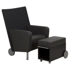 Modern Leather and Woven-Back Lounge Armchair with Ottoman, 21st Century