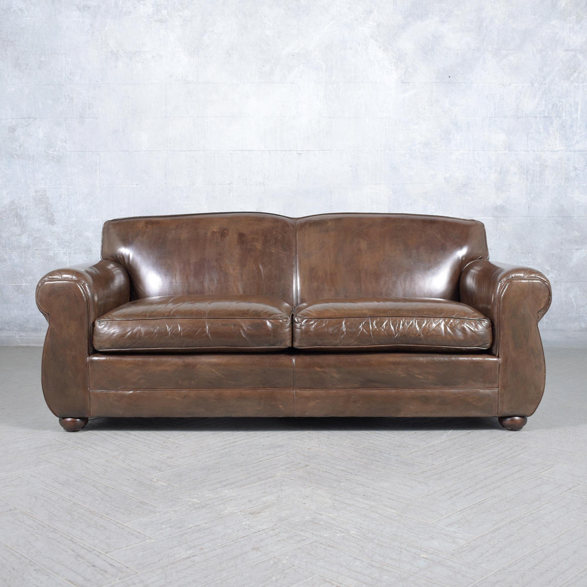 American Modern Leather Club Sofa: Timeless Elegance & Luxurious Comfort For Sale