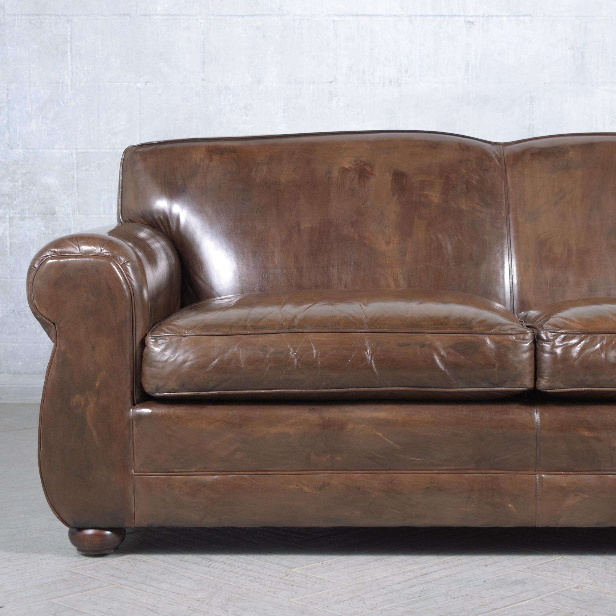 Carved Modern Leather Club Sofa: Timeless Elegance & Luxurious Comfort For Sale
