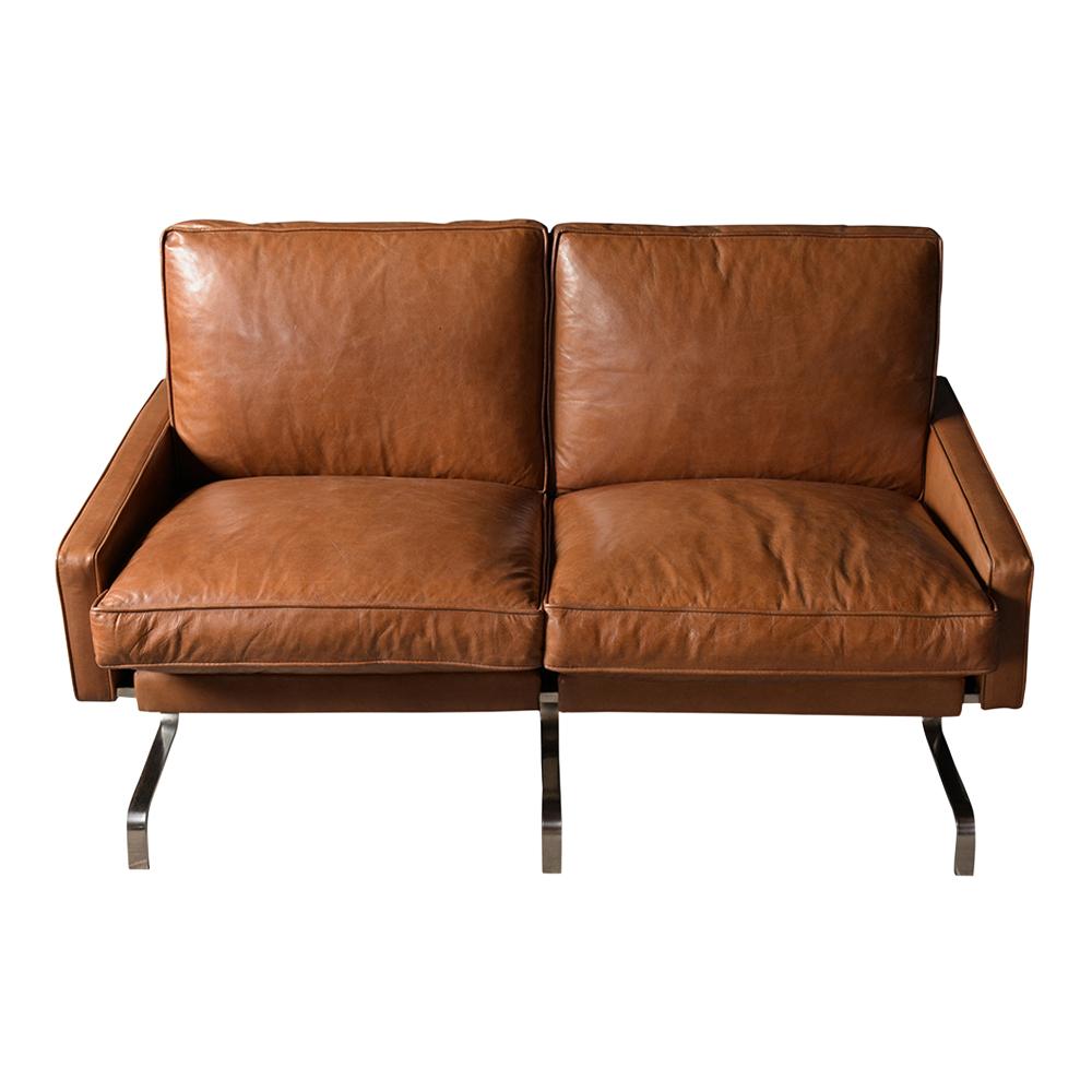 This Elegant Vintage Modern Loveseat has been completely restored and professionally reupholstered in light brown leather with topstitch details & very comfortable feather inserts. The settee features two seats & back cushions newly upholstered and