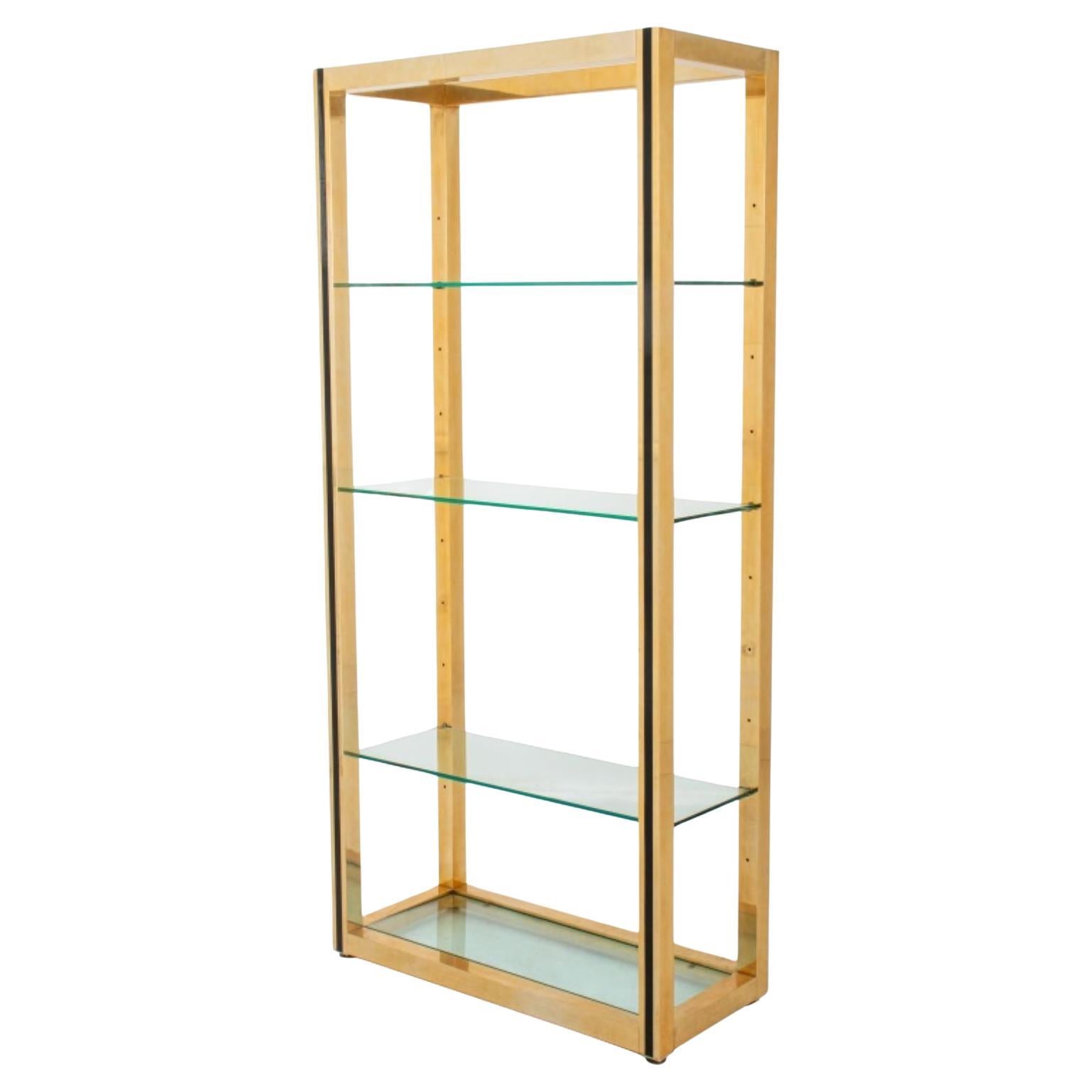 Modern Leather Mounted Brass & Glass Etagere For Sale