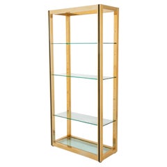 Vintage Modern Leather Mounted Brass & Glass Etagere