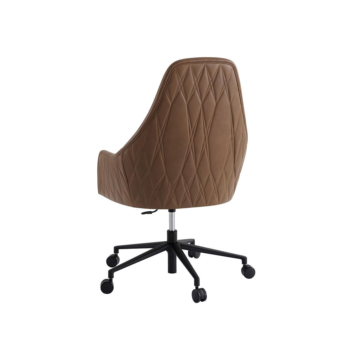 Modern Leather Quilted desk chair with a swivel seat, an arched upholstered back, and tight seat, with padded arms, the outside back in a diamond quilted pattern and raised on an adjustable matt black steel base with castors.

Dimensions: 28.75