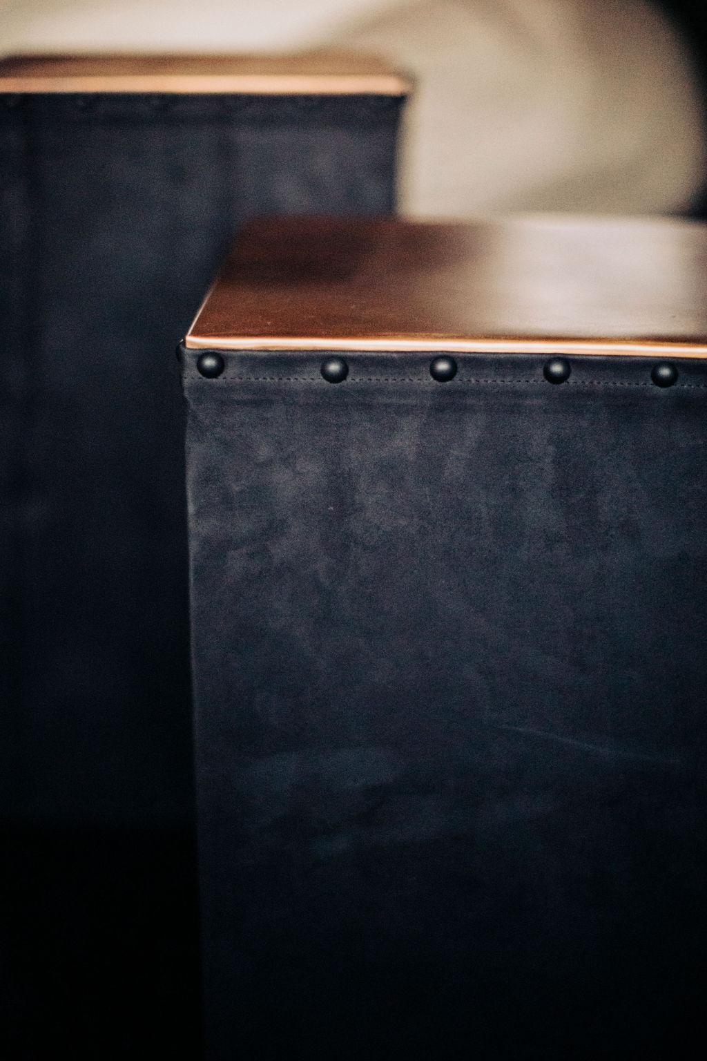 Hammered Modern Leather Side Tables Topped in Copper, Catawba Series For Sale