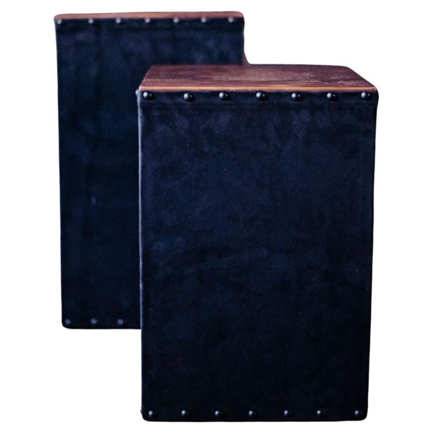 Modern Leather Side Tables Topped in Copper, Catawba Series For Sale