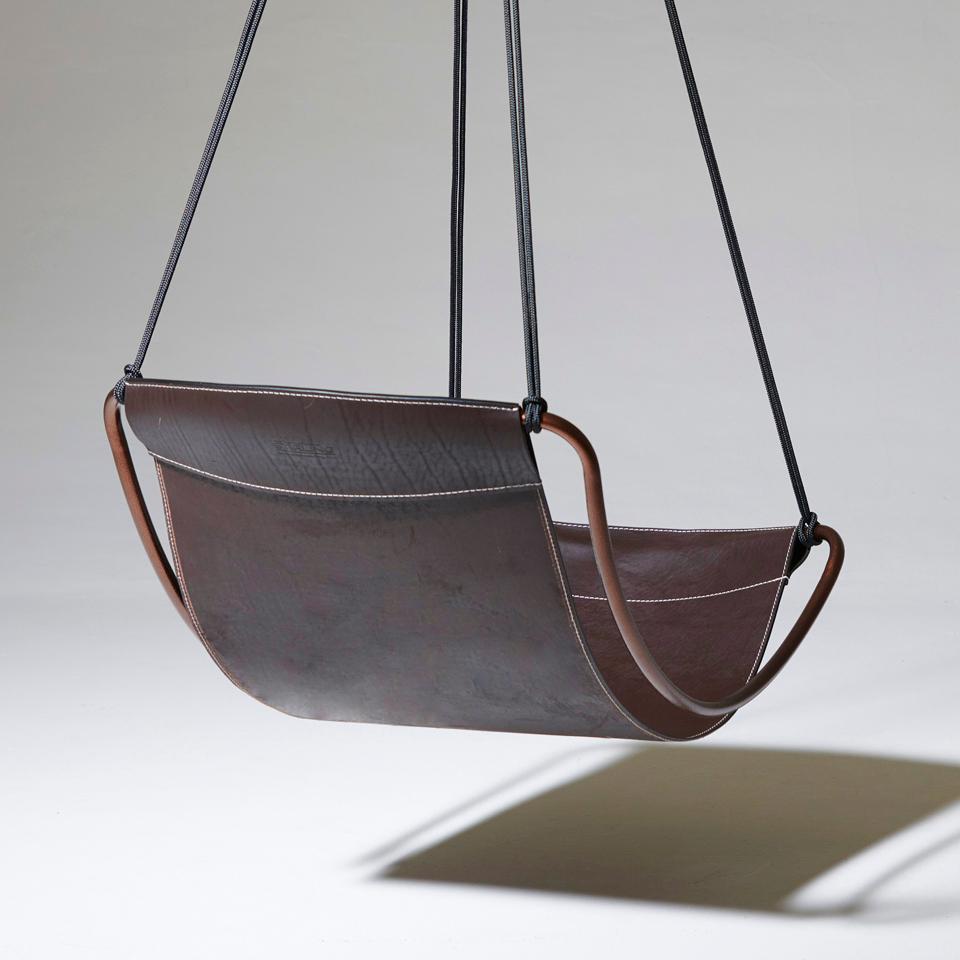 South African Modern Leather Sling Hanging Chair Now in A Slimmer Frame for Smaller Spaces  For Sale