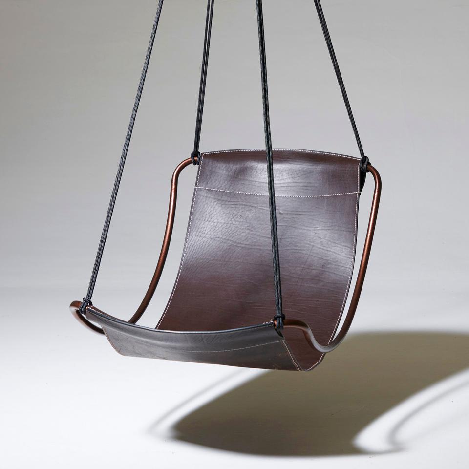 Powder-Coated Modern Leather Sling Hanging Chair Now in A Slimmer Frame for Smaller Spaces  For Sale