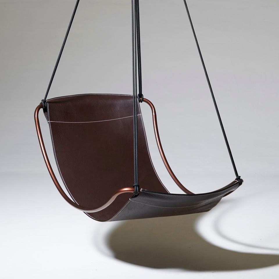 Contemporary Modern Leather Sling Hanging Chair Now in A Slimmer Frame for Smaller Spaces  For Sale