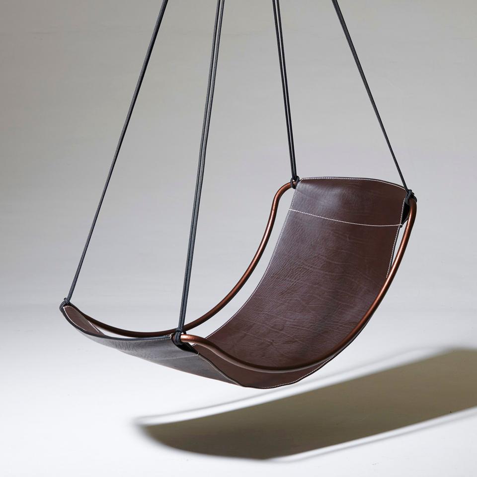 Steel Modern Leather Sling Hanging Chair Now in A Slimmer Frame for Smaller Spaces  For Sale