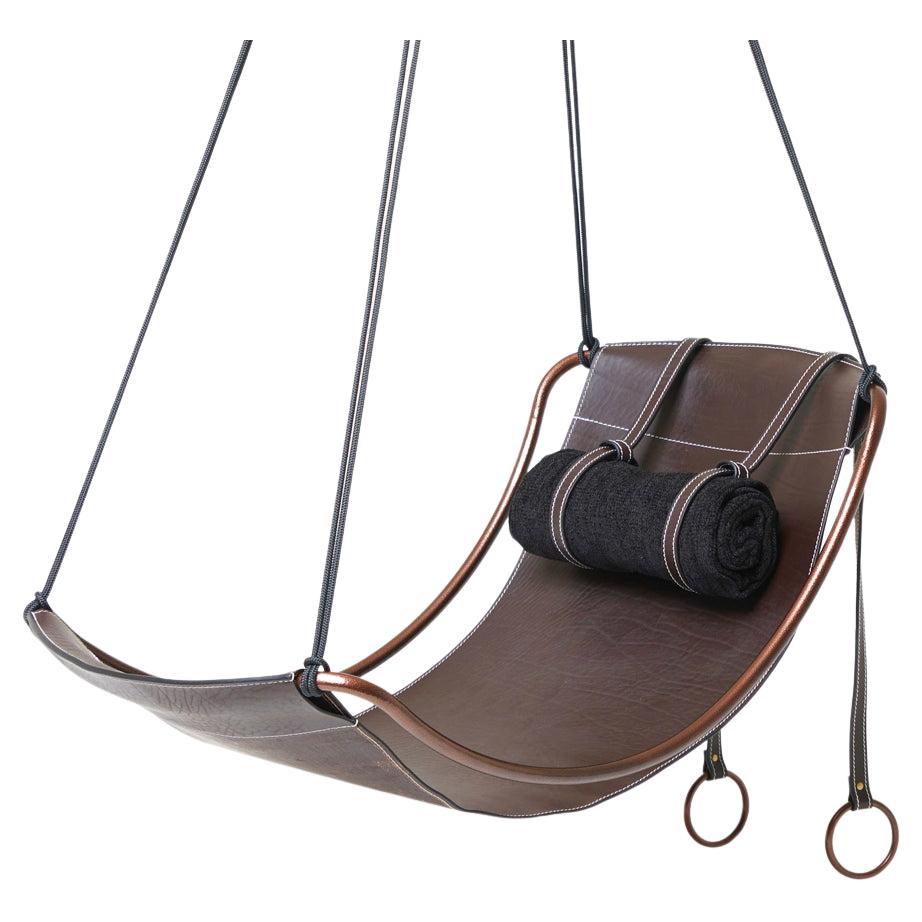 Modern Leather Sling Hanging Chair Now in A Slimmer Frame for Smaller Spaces  For Sale