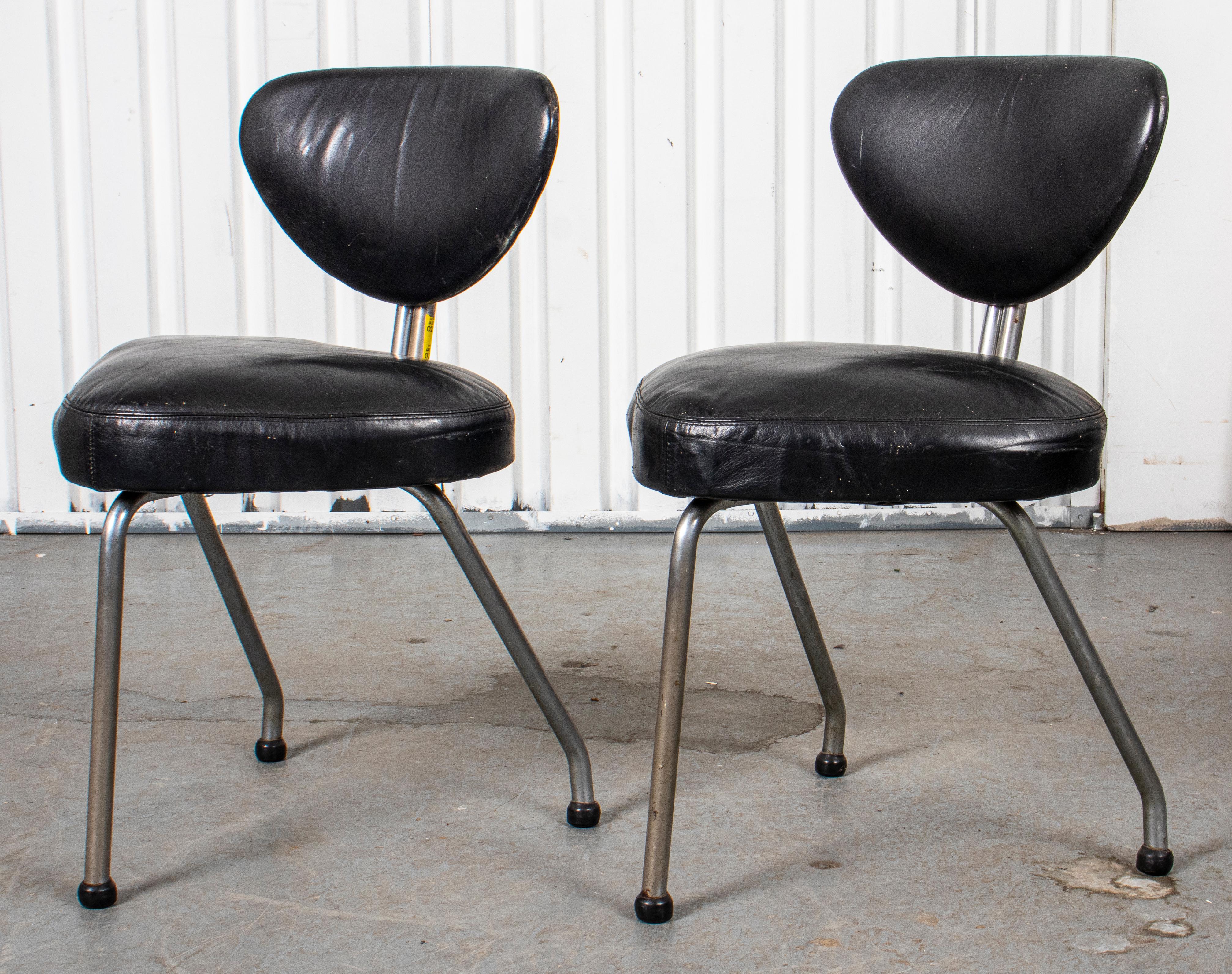 20th Century Modern Leather Upholstered Side Chairs, Pair