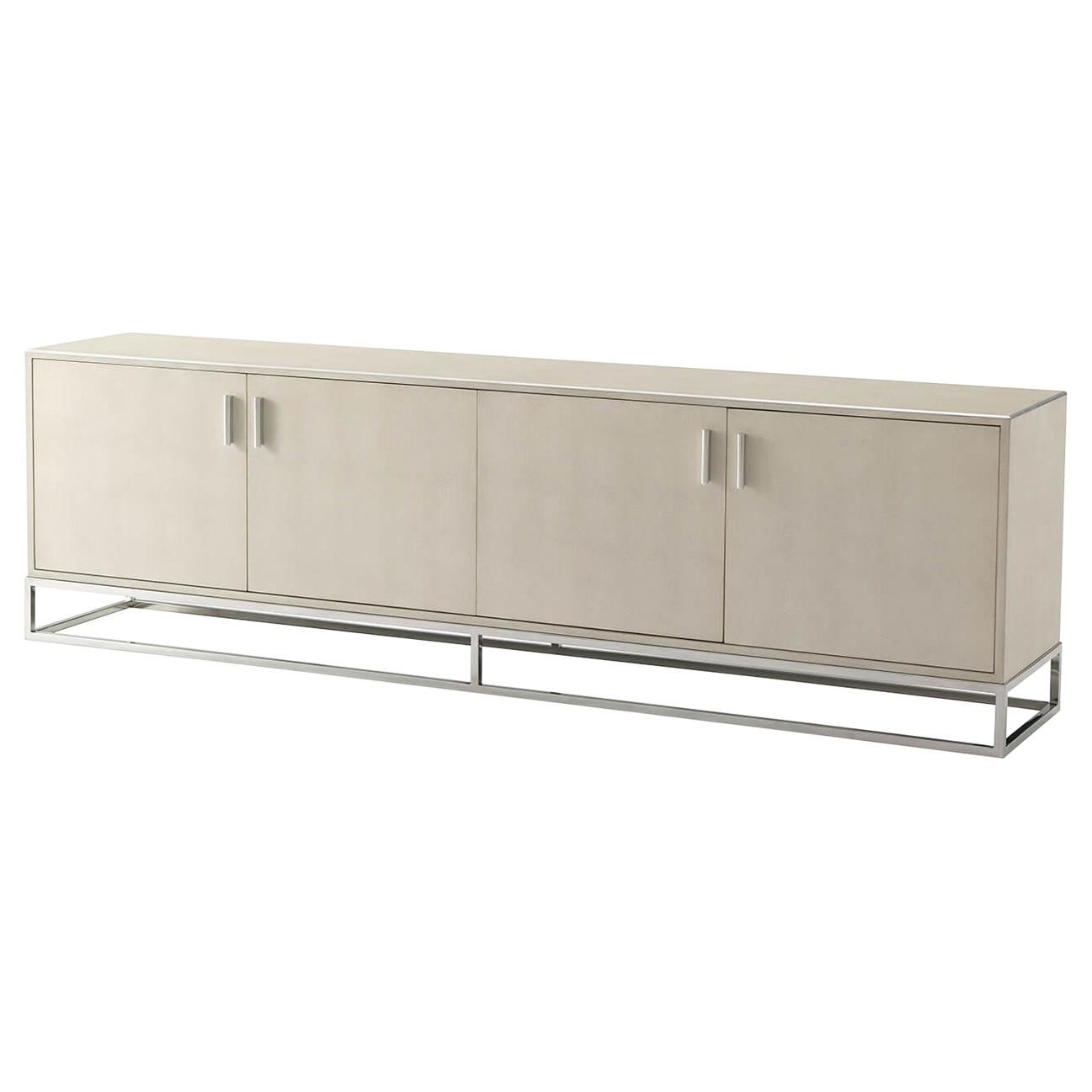 Modern Leather Wrapped Media Cabinet, Light Overcast