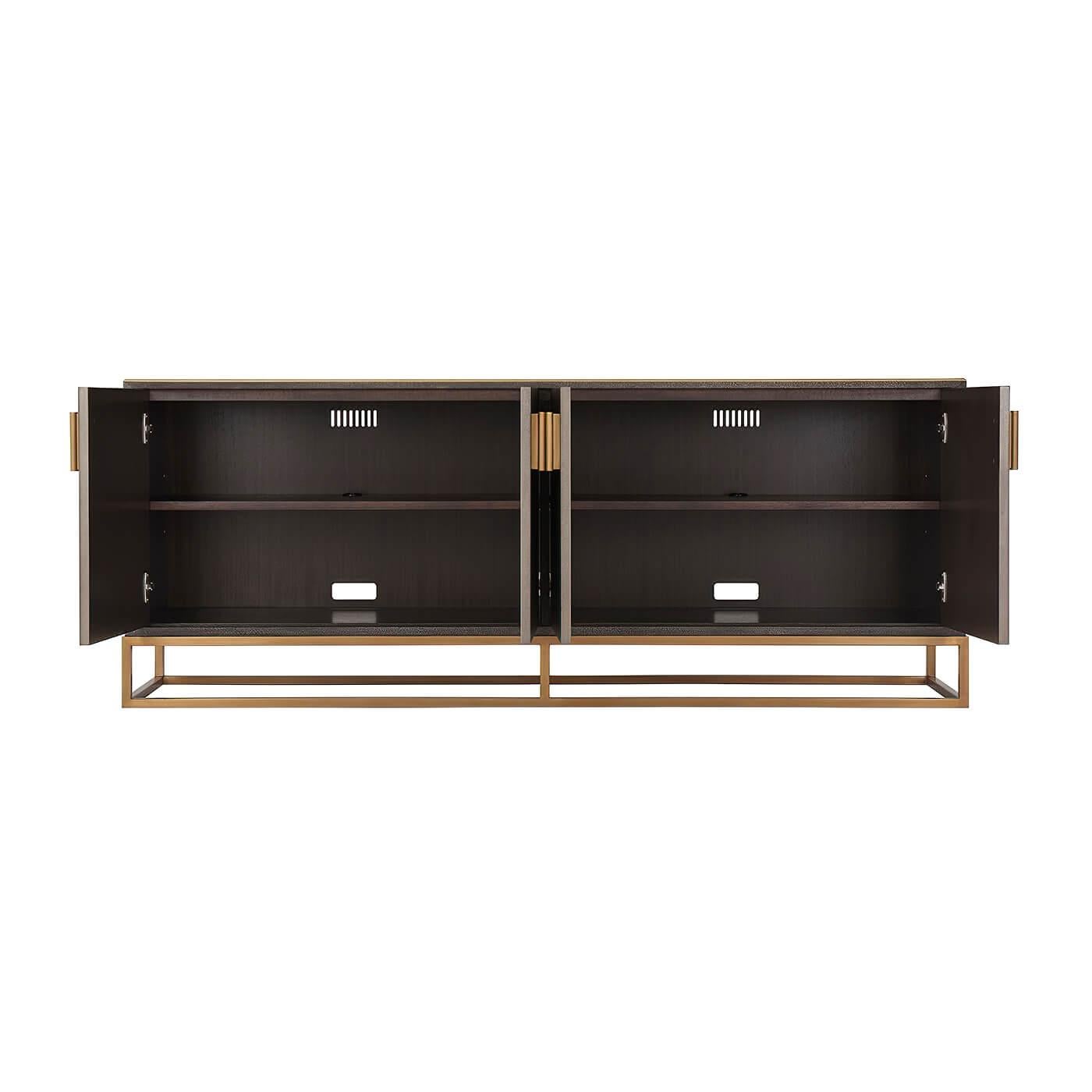 Mid-Century Modern Modern Leather Wrapped Media Console, Dark Tempest