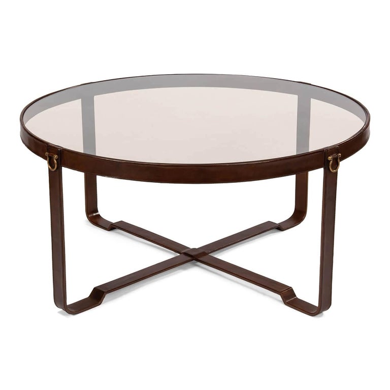 Modern Leather Wrapped Round Coffee Table For Sale at 1stDibs