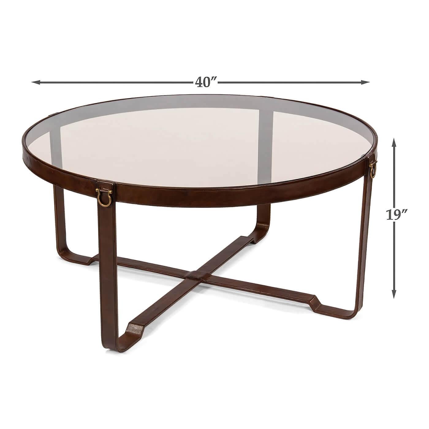 Modern Leather Wrapped Round Coffee Table In New Condition For Sale In Westwood, NJ