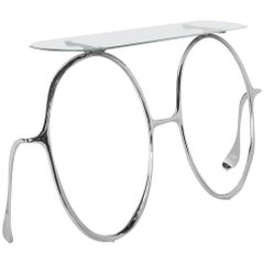 Modern Lennon Silver Console Table, Nickel Brass and Glass Top, Art Console