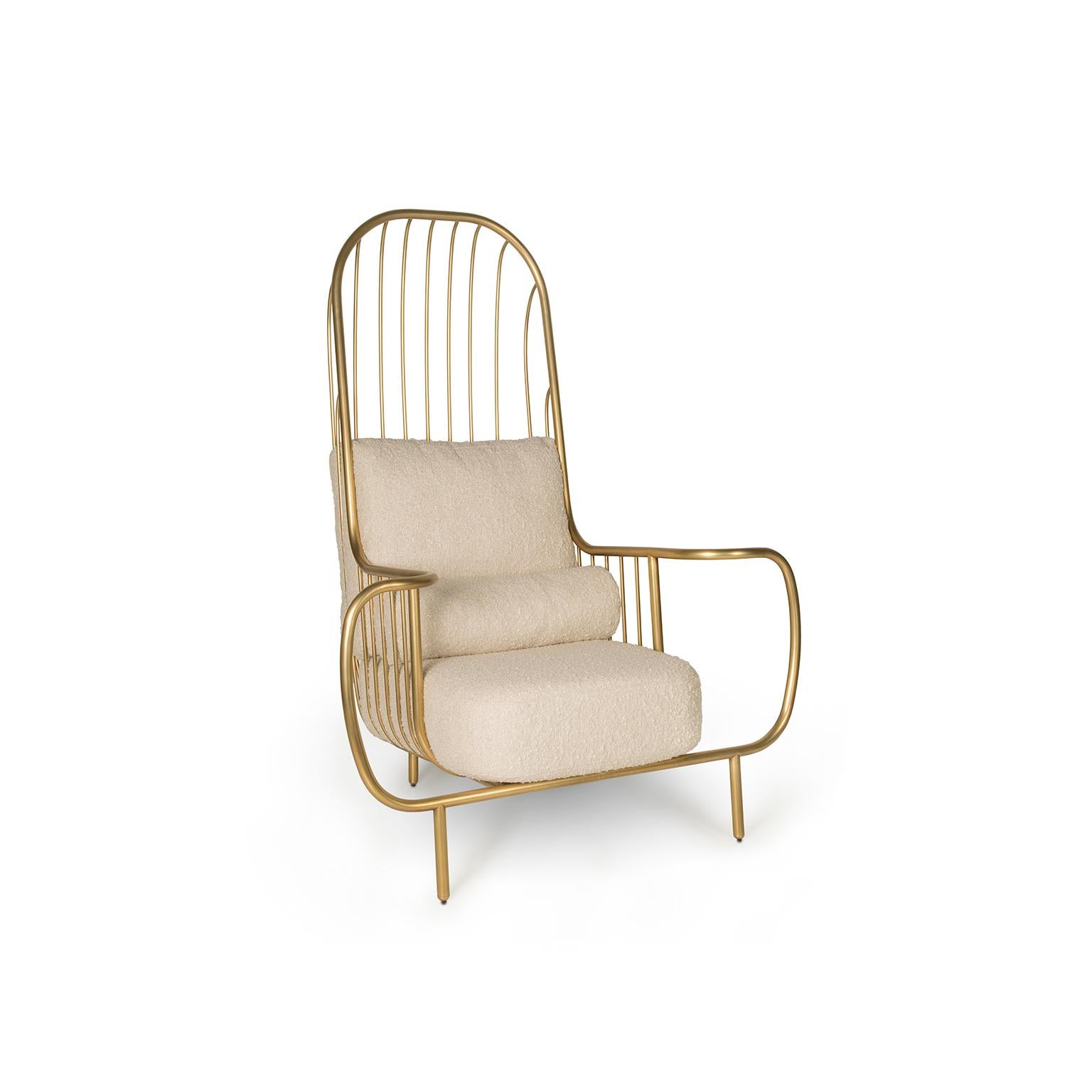 Modern Liberty Armchair High Back, Aged Brass and Lelièvre Beige Bouclé Cushions In New Condition For Sale In Oporto, PT