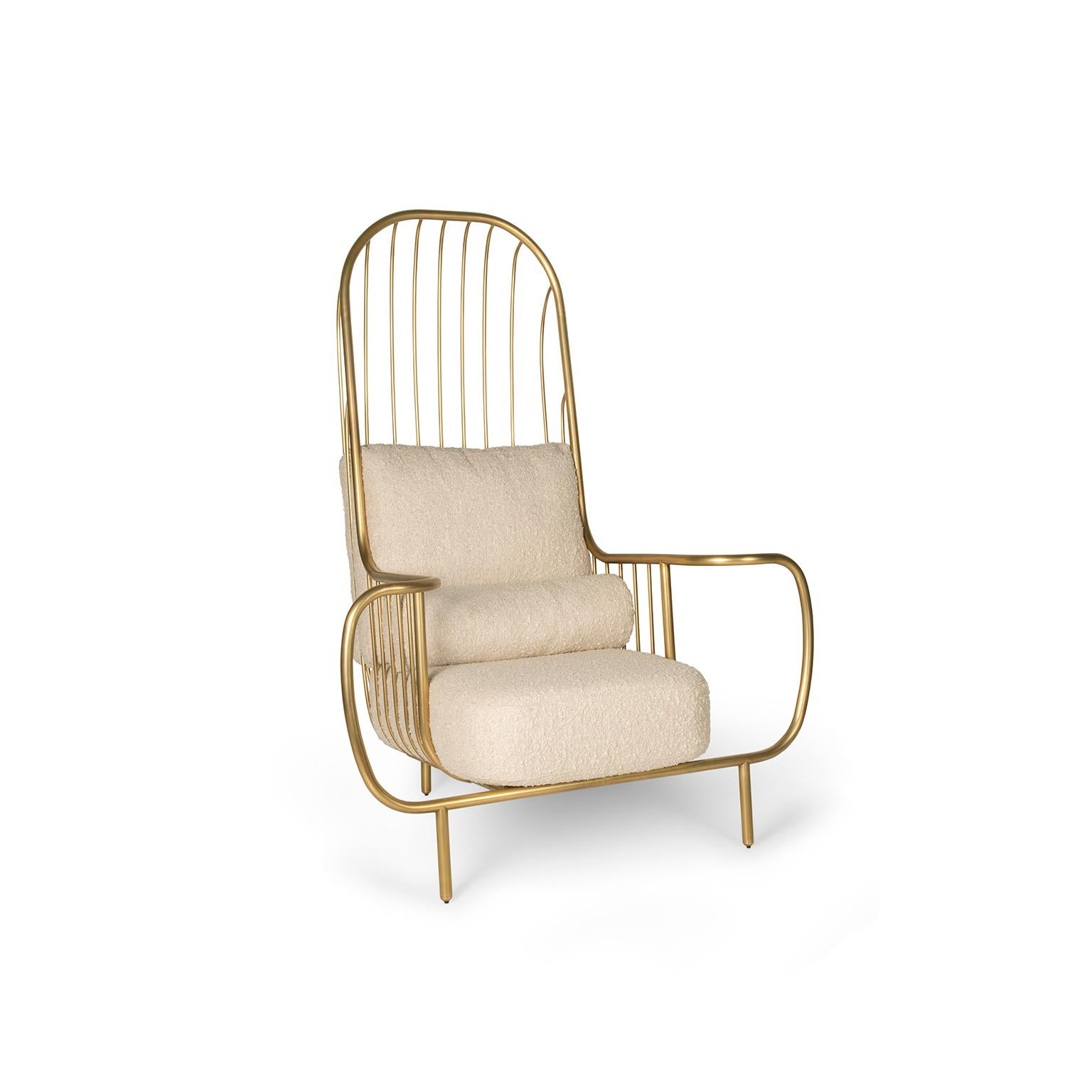 Welded Modern Liberty Armchair High Back, Aged Brass and Lelièvre Beige Bouclé Cushions For Sale