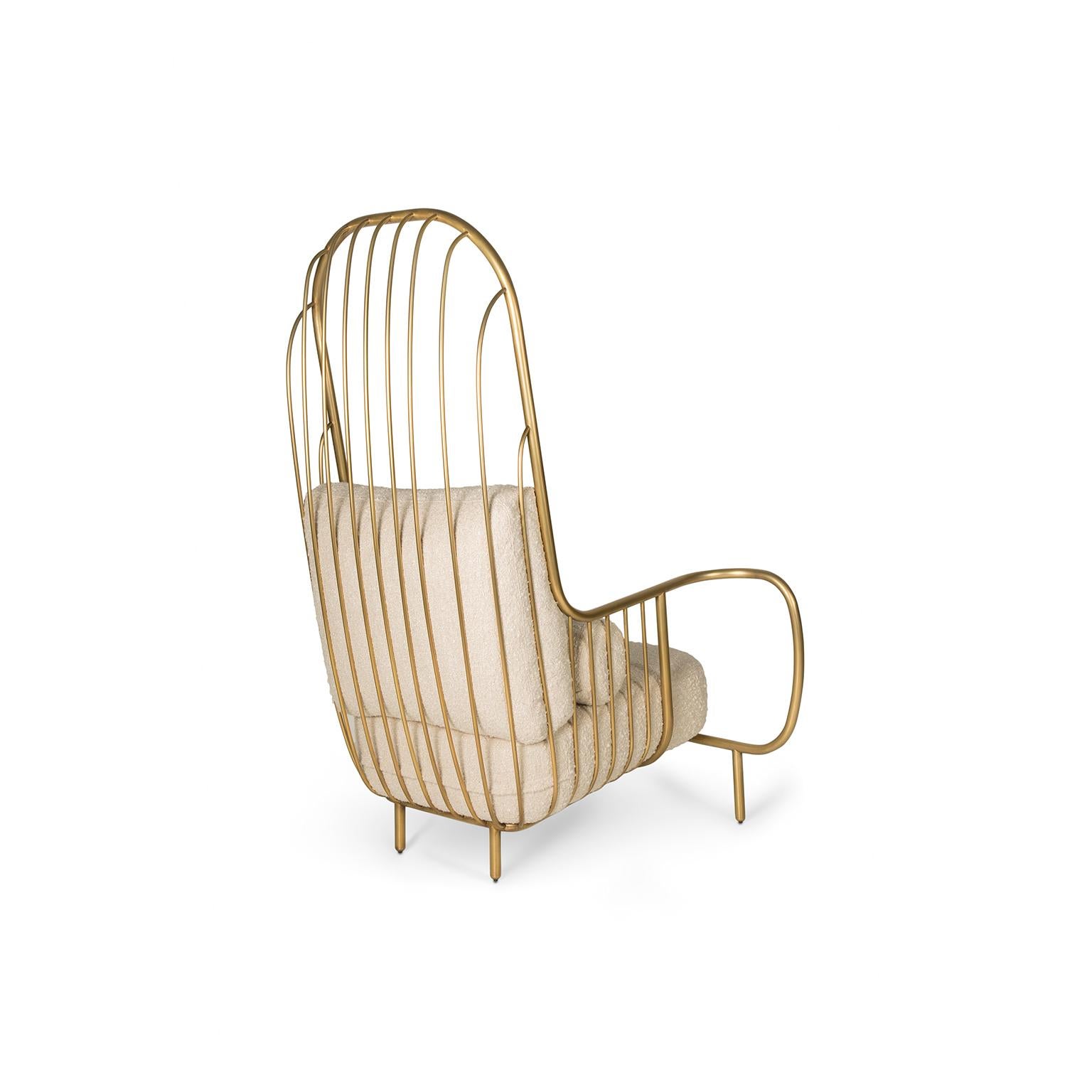 Contemporary Modern Liberty Armchair High Back, Aged Brass and Lelièvre Beige Bouclé Cushions For Sale