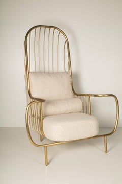 Modern Liberty Armchair High Back, Aged Brass and Lelièvre Beige Bouclé Cushions
