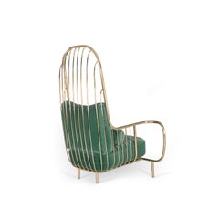 Modern Liberty Armchair High Back in Polished Brass and Green Velvet Cushions