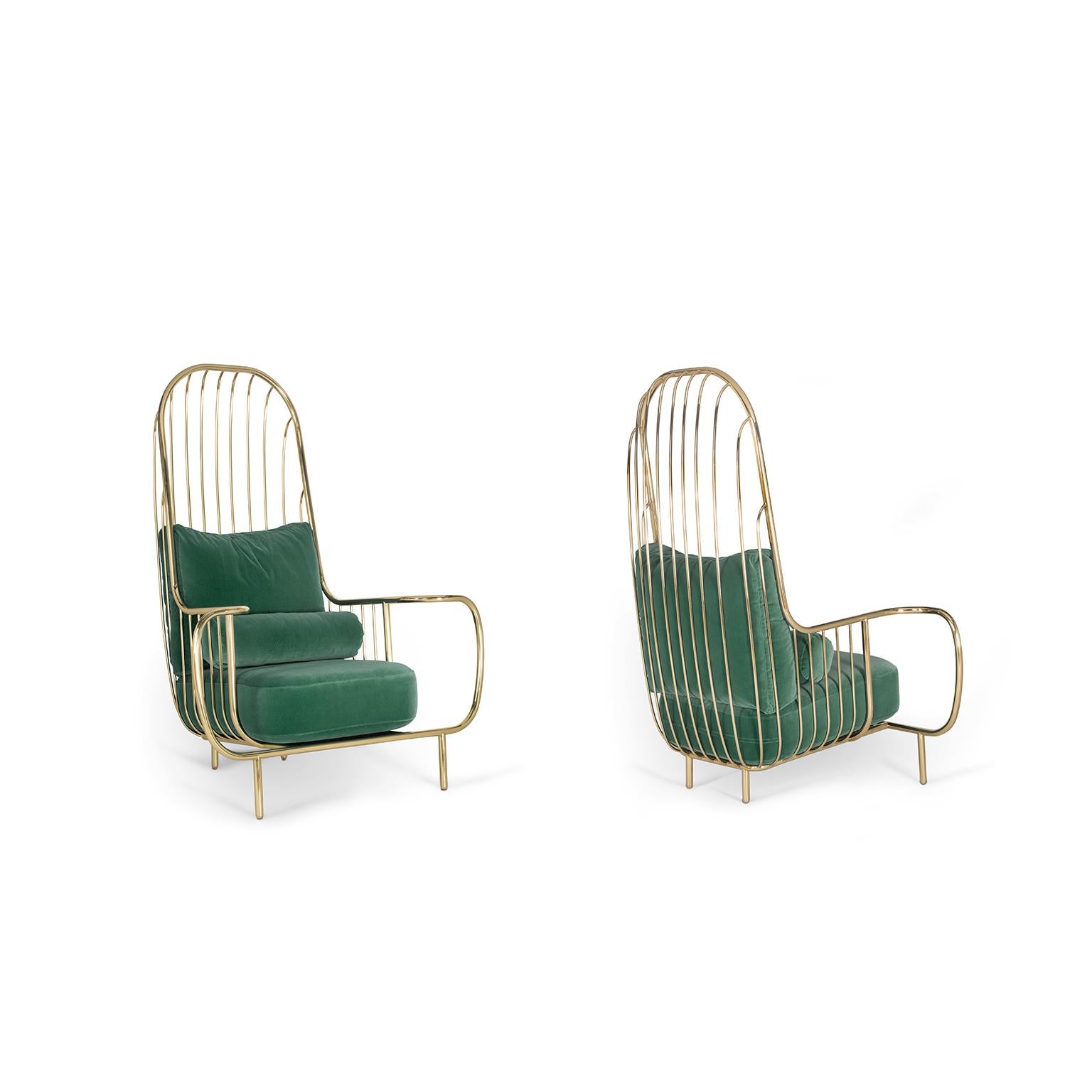 Portuguese Modern Liberty Armchair High Back in Polished Brass and Green Velvet Cushions For Sale