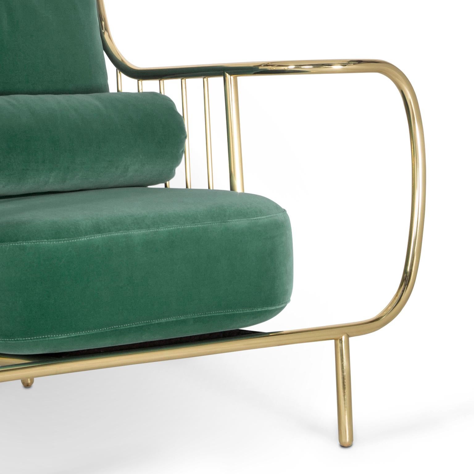 Contemporary Modern Liberty Armchair High Back in Polished Brass and Green Velvet Cushions For Sale