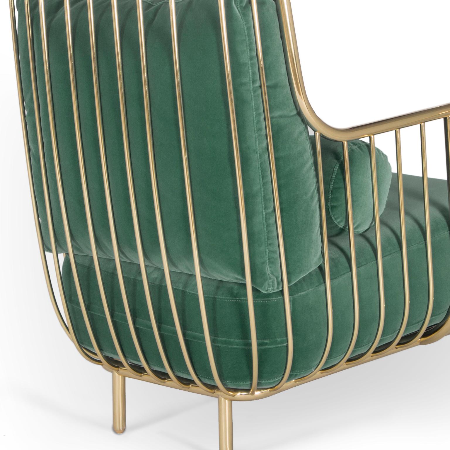 Modern Liberty Armchair High Back in Polished Brass and Green Velvet Cushions For Sale 1