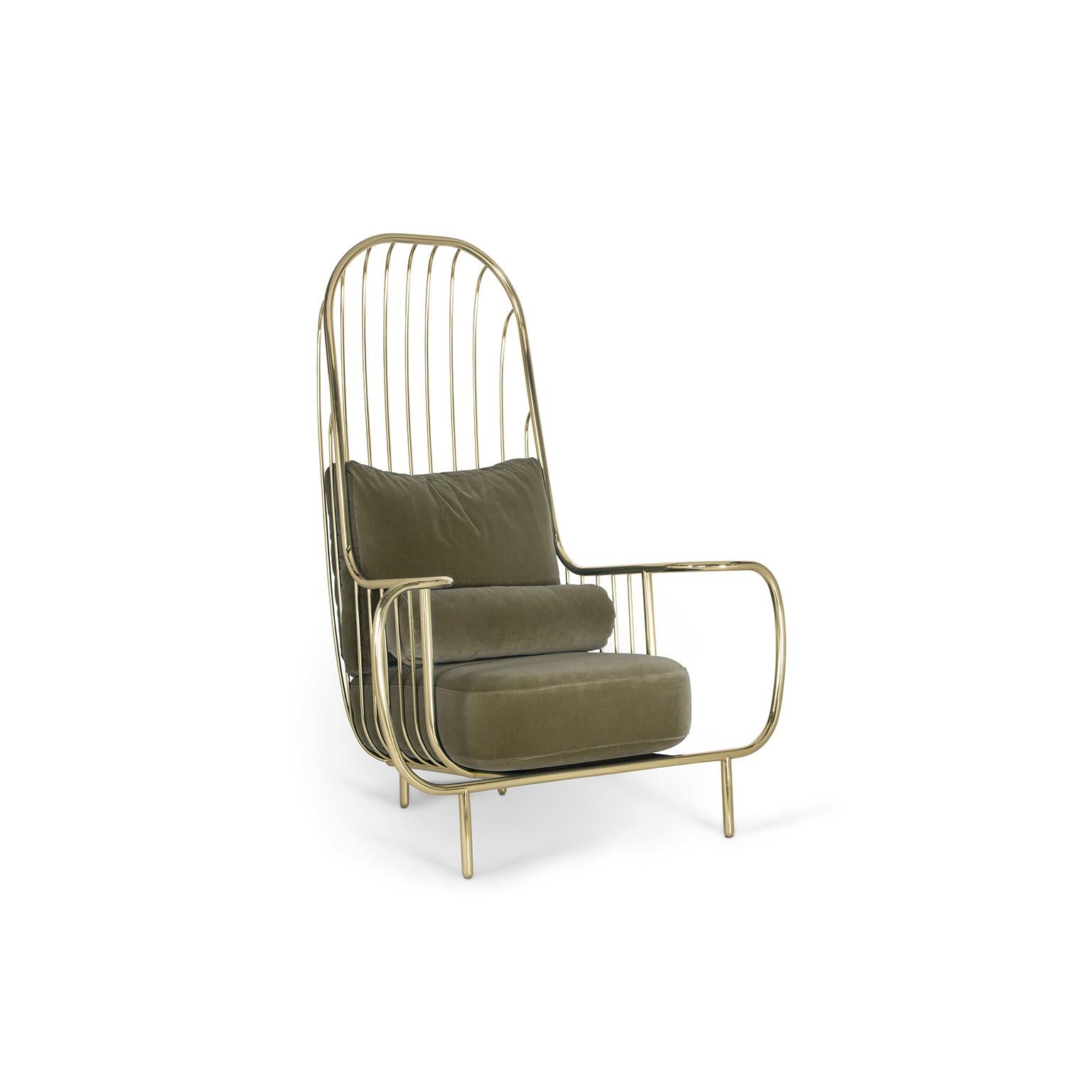 Portuguese Modern Liberty Armchair High Back in Polished Brass and Olive Colour Velvet For Sale