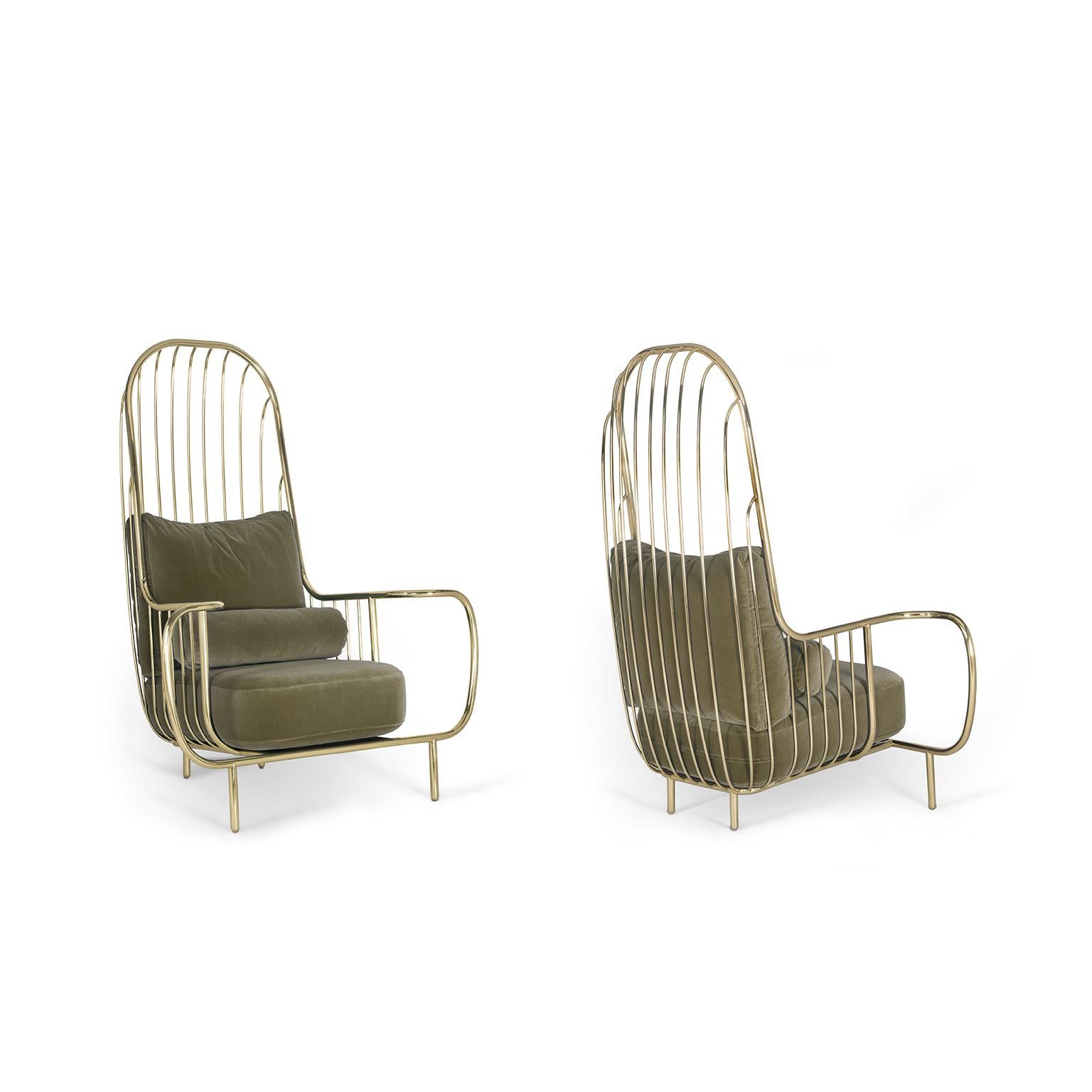 Modern Liberty Armchair High Back in Polished Brass and Olive Colour Velvet In New Condition For Sale In Oporto, PT