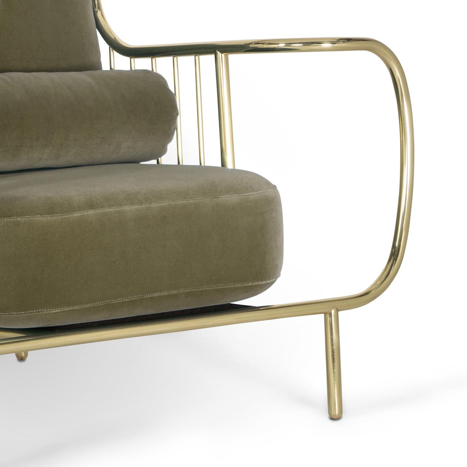 Fabric Modern Liberty Armchair High Back in Polished Brass and Olive Colour Velvet For Sale