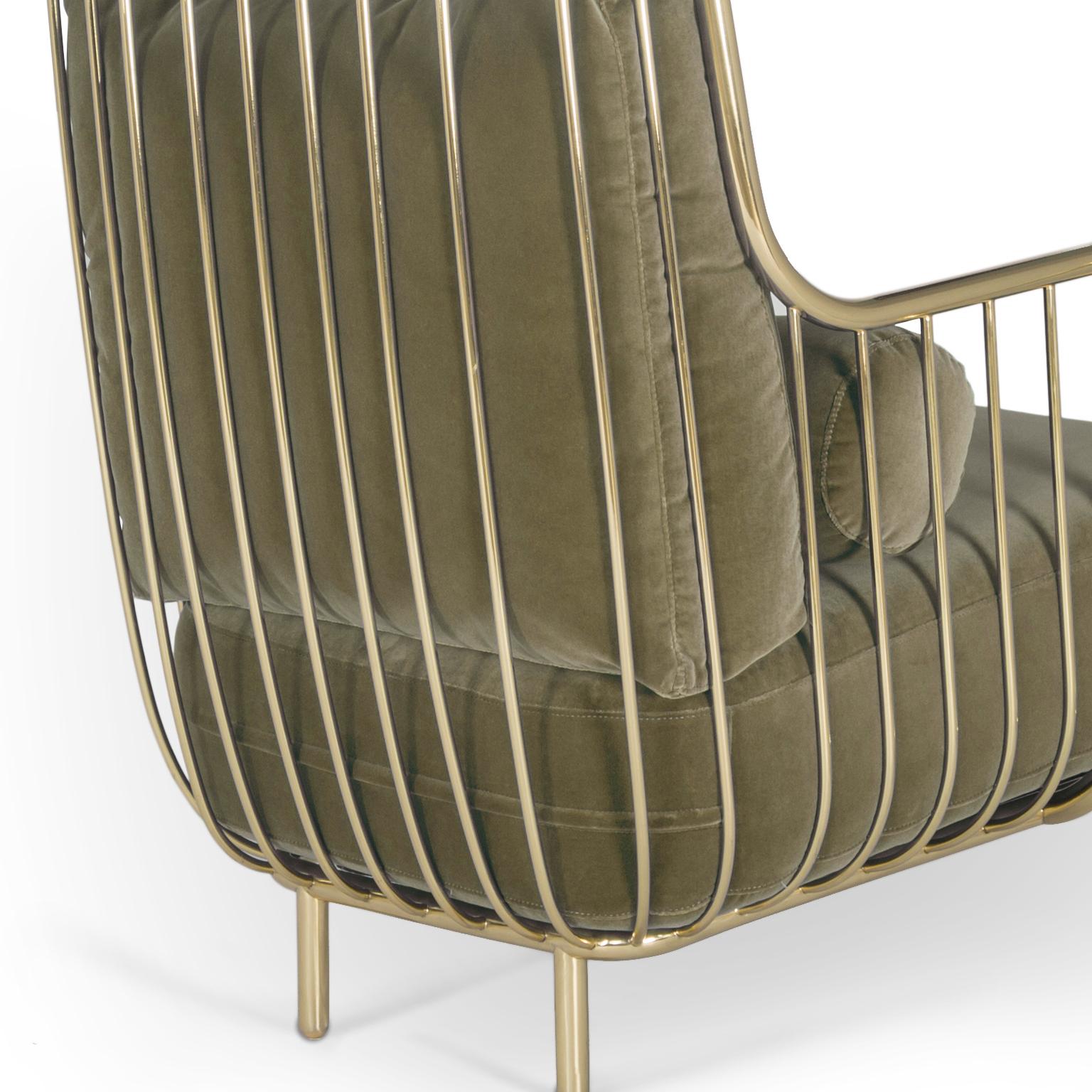 Modern Liberty Armchair High Back in Polished Brass and Olive Colour Velvet For Sale 2
