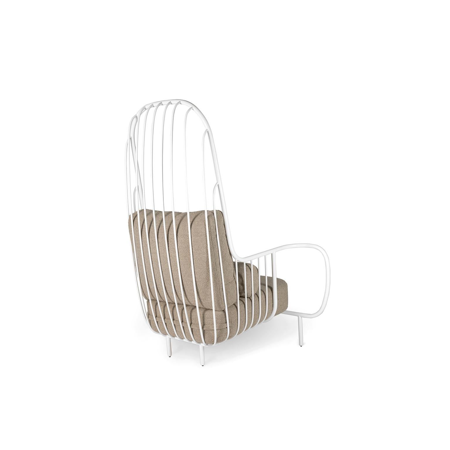 Portuguese Modern Liberty Armchair High Back in White Lacquered Inox and Bouclé Cushions For Sale