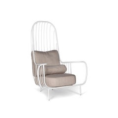 Modern Liberty Armchair High Back in White Lacquered Inox and Linen Cushions